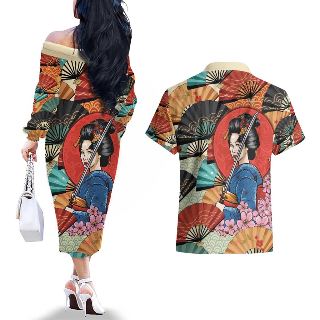 Japanese Geisha Katana Couples Matching Off The Shoulder Long Sleeve Dress and Hawaiian Shirt Japan Sensu Seigaiha Pattern - Wonder Print Shop