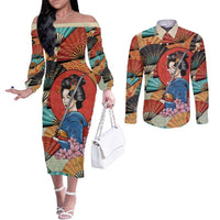 Japanese Geisha Katana Couples Matching Off The Shoulder Long Sleeve Dress and Long Sleeve Button Shirt Japan Sensu Seigaiha Pattern - Wonder Print Shop