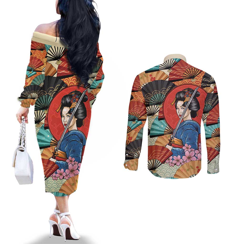 Japanese Geisha Katana Couples Matching Off The Shoulder Long Sleeve Dress and Long Sleeve Button Shirt Japan Sensu Seigaiha Pattern - Wonder Print Shop