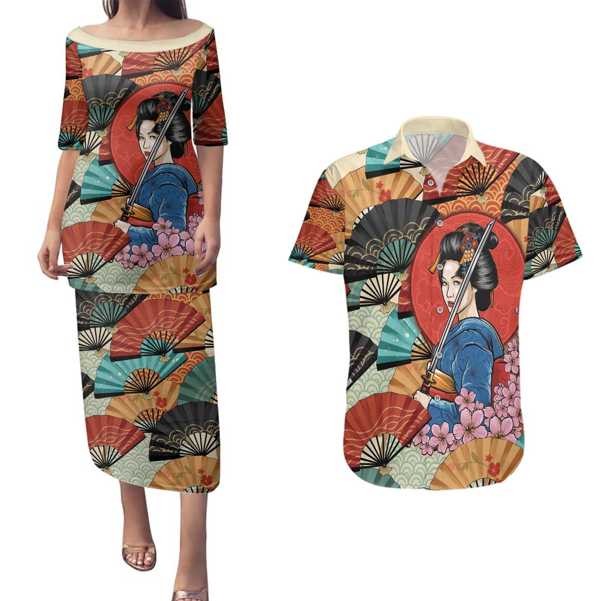 Japanese Geisha Katana Couples Matching Puletasi and Hawaiian Shirt Japan Sensu Seigaiha Pattern - Wonder Print Shop