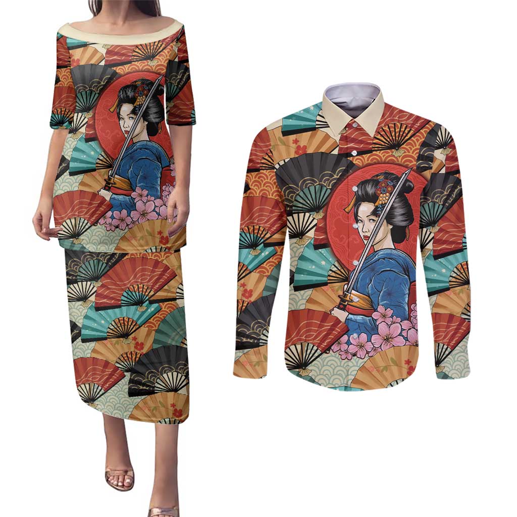 Japanese Geisha Katana Couples Matching Puletasi and Long Sleeve Button Shirt Japan Sensu Seigaiha Pattern - Wonder Print Shop