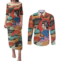 Japanese Geisha Katana Couples Matching Puletasi and Long Sleeve Button Shirt Japan Sensu Seigaiha Pattern - Wonder Print Shop