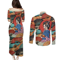 Japanese Geisha Katana Couples Matching Puletasi and Long Sleeve Button Shirt Japan Sensu Seigaiha Pattern - Wonder Print Shop