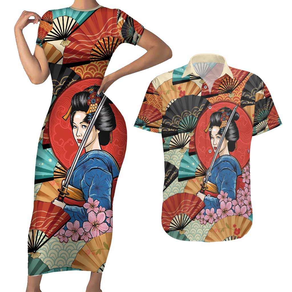 Japanese Geisha Katana Couples Matching Short Sleeve Bodycon Dress and Hawaiian Shirt Japan Sensu Seigaiha Pattern - Wonder Print Shop