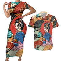Japanese Geisha Katana Couples Matching Short Sleeve Bodycon Dress and Hawaiian Shirt Japan Sensu Seigaiha Pattern - Wonder Print Shop
