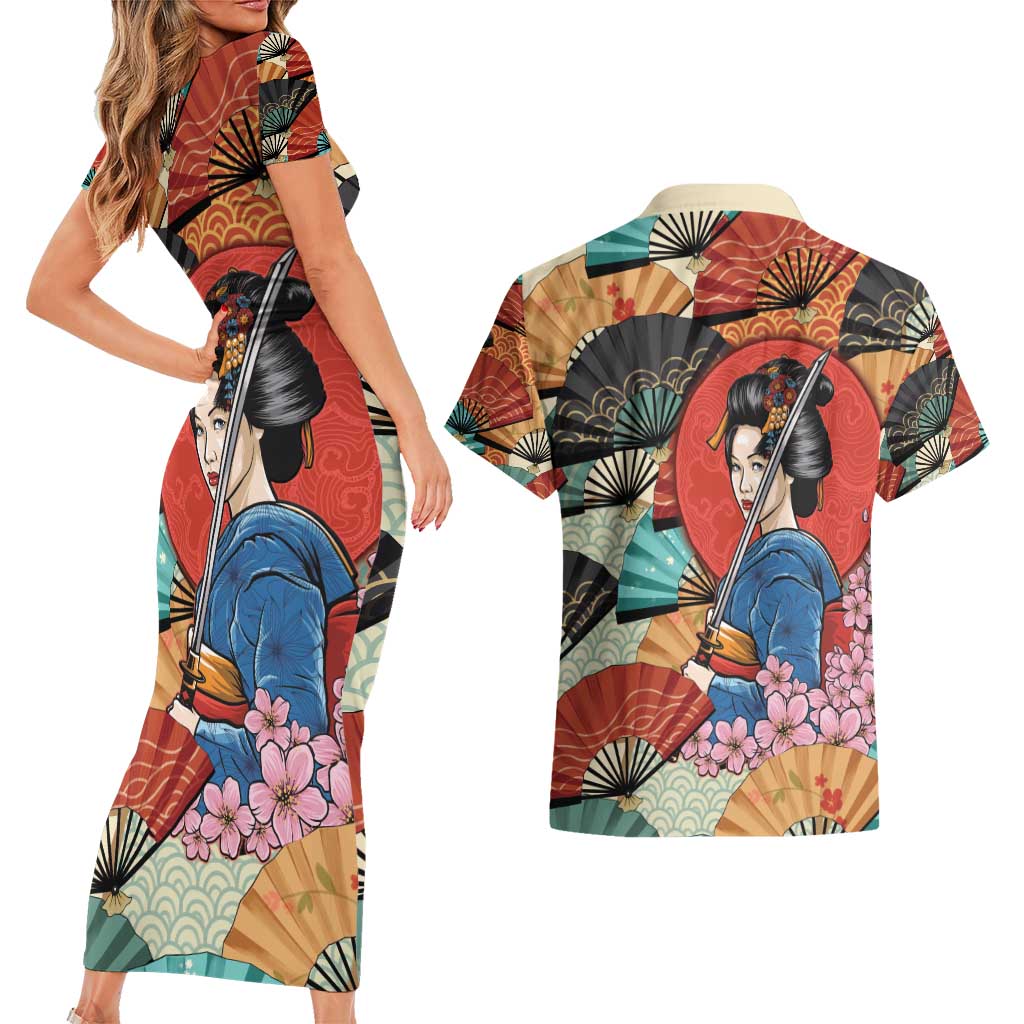 Japanese Geisha Katana Couples Matching Short Sleeve Bodycon Dress and Hawaiian Shirt Japan Sensu Seigaiha Pattern - Wonder Print Shop