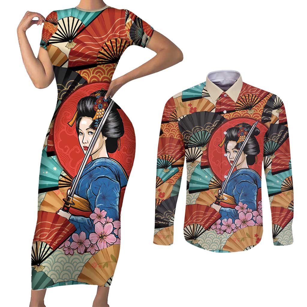 Japanese Geisha Katana Couples Matching Short Sleeve Bodycon Dress and Long Sleeve Button Shirt Japan Sensu Seigaiha Pattern - Wonder Print Shop