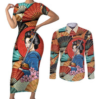 Japanese Geisha Katana Couples Matching Short Sleeve Bodycon Dress and Long Sleeve Button Shirt Japan Sensu Seigaiha Pattern - Wonder Print Shop