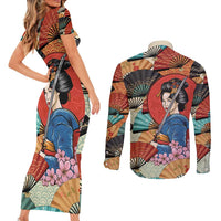 Japanese Geisha Katana Couples Matching Short Sleeve Bodycon Dress and Long Sleeve Button Shirt Japan Sensu Seigaiha Pattern - Wonder Print Shop