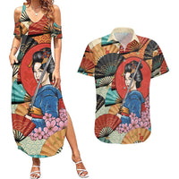 Japanese Geisha Katana Couples Matching Summer Maxi Dress and Hawaiian Shirt Japan Sensu Seigaiha Pattern - Wonder Print Shop