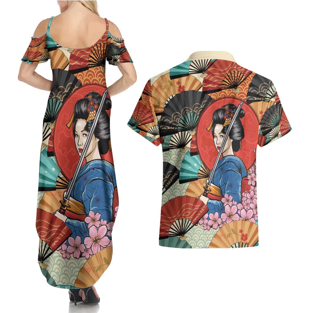Japanese Geisha Katana Couples Matching Summer Maxi Dress and Hawaiian Shirt Japan Sensu Seigaiha Pattern - Wonder Print Shop