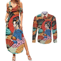 Japanese Geisha Katana Couples Matching Summer Maxi Dress and Long Sleeve Button Shirt Japan Sensu Seigaiha Pattern - Wonder Print Shop