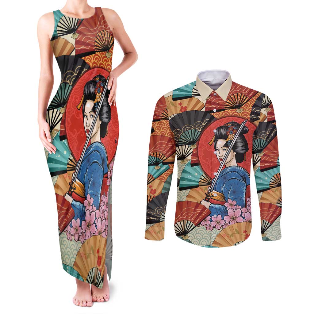 Japanese Geisha Katana Couples Matching Tank Maxi Dress and Long Sleeve Button Shirt Japan Sensu Seigaiha Pattern - Wonder Print Shop