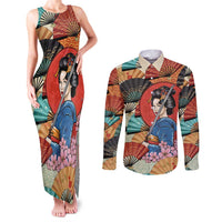 Japanese Geisha Katana Couples Matching Tank Maxi Dress and Long Sleeve Button Shirt Japan Sensu Seigaiha Pattern - Wonder Print Shop