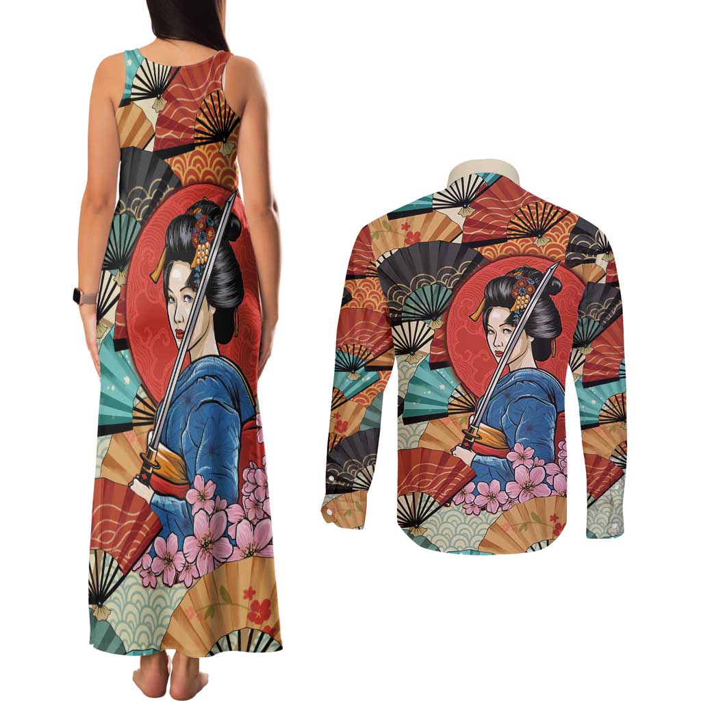Japanese Geisha Katana Couples Matching Tank Maxi Dress and Long Sleeve Button Shirt Japan Sensu Seigaiha Pattern - Wonder Print Shop