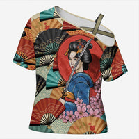 Japanese Geisha Katana Cross Shoulder Shirt Japan Sensu Seigaiha Pattern - Wonder Print Shop