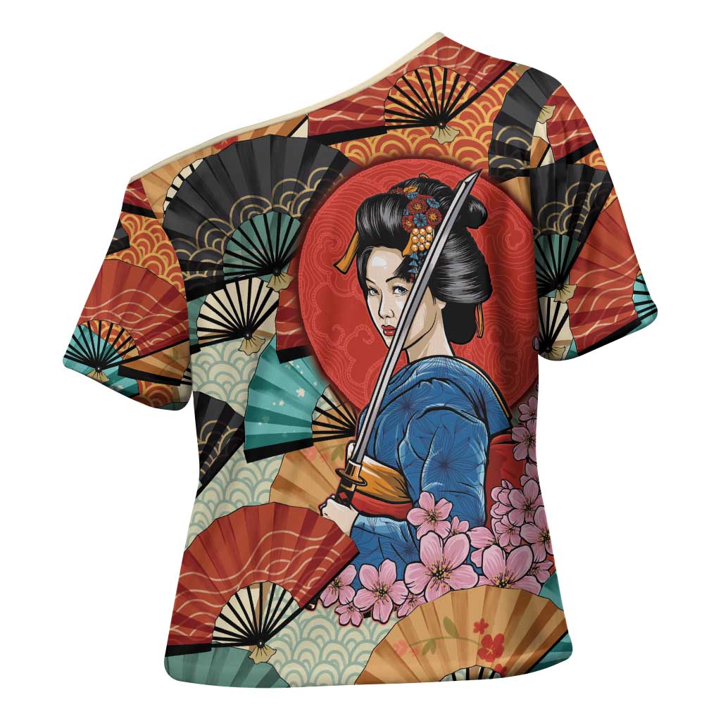 Japanese Geisha Katana Cross Shoulder Shirt Japan Sensu Seigaiha Pattern - Wonder Print Shop