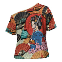Japanese Geisha Katana Cross Shoulder Shirt Japan Sensu Seigaiha Pattern - Wonder Print Shop