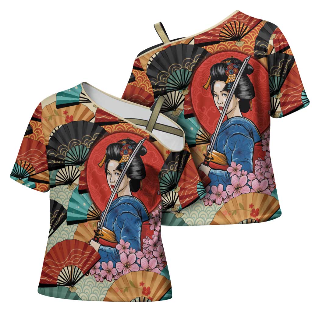 Japanese Geisha Katana Cross Shoulder Shirt Japan Sensu Seigaiha Pattern - Wonder Print Shop