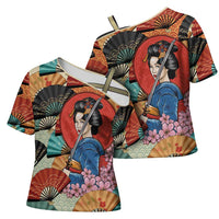 Japanese Geisha Katana Cross Shoulder Shirt Japan Sensu Seigaiha Pattern - Wonder Print Shop