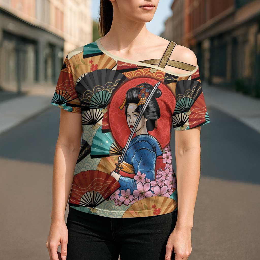 Japanese Geisha Katana Cross Shoulder Shirt Japan Sensu Seigaiha Pattern - Wonder Print Shop