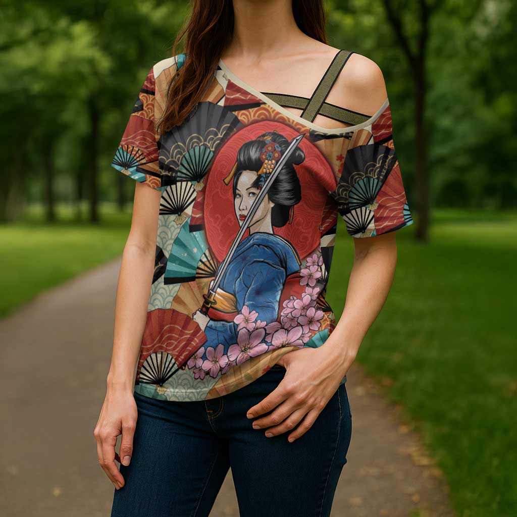 Japanese Geisha Katana Cross Shoulder Shirt Japan Sensu Seigaiha Pattern - Wonder Print Shop