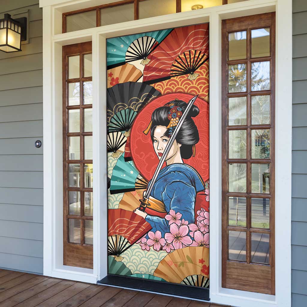 Japanese Geisha Katana Door Cover Japan Sensu Seigaiha Pattern - Wonder Print Shop
