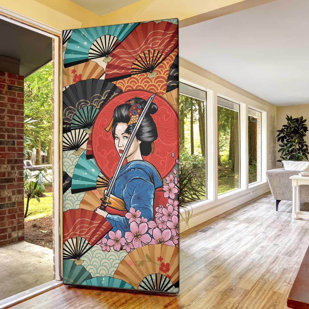 Japanese Geisha Katana Door Cover Japan Sensu Seigaiha Pattern - Wonder Print Shop