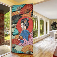 Japanese Geisha Katana Door Cover Japan Sensu Seigaiha Pattern - Wonder Print Shop