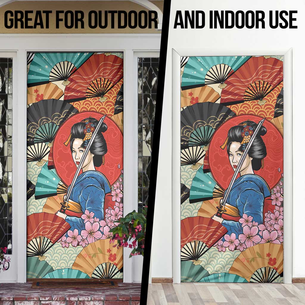 Japanese Geisha Katana Door Cover Japan Sensu Seigaiha Pattern - Wonder Print Shop