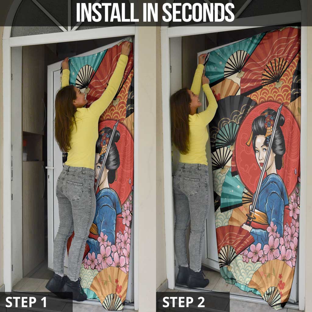 Japanese Geisha Katana Door Cover Japan Sensu Seigaiha Pattern - Wonder Print Shop