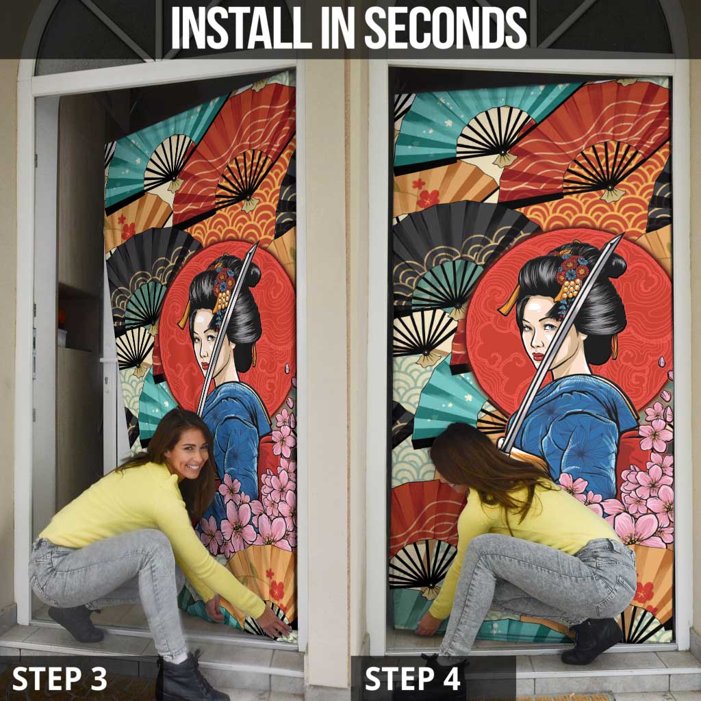 Japanese Geisha Katana Door Cover Japan Sensu Seigaiha Pattern - Wonder Print Shop