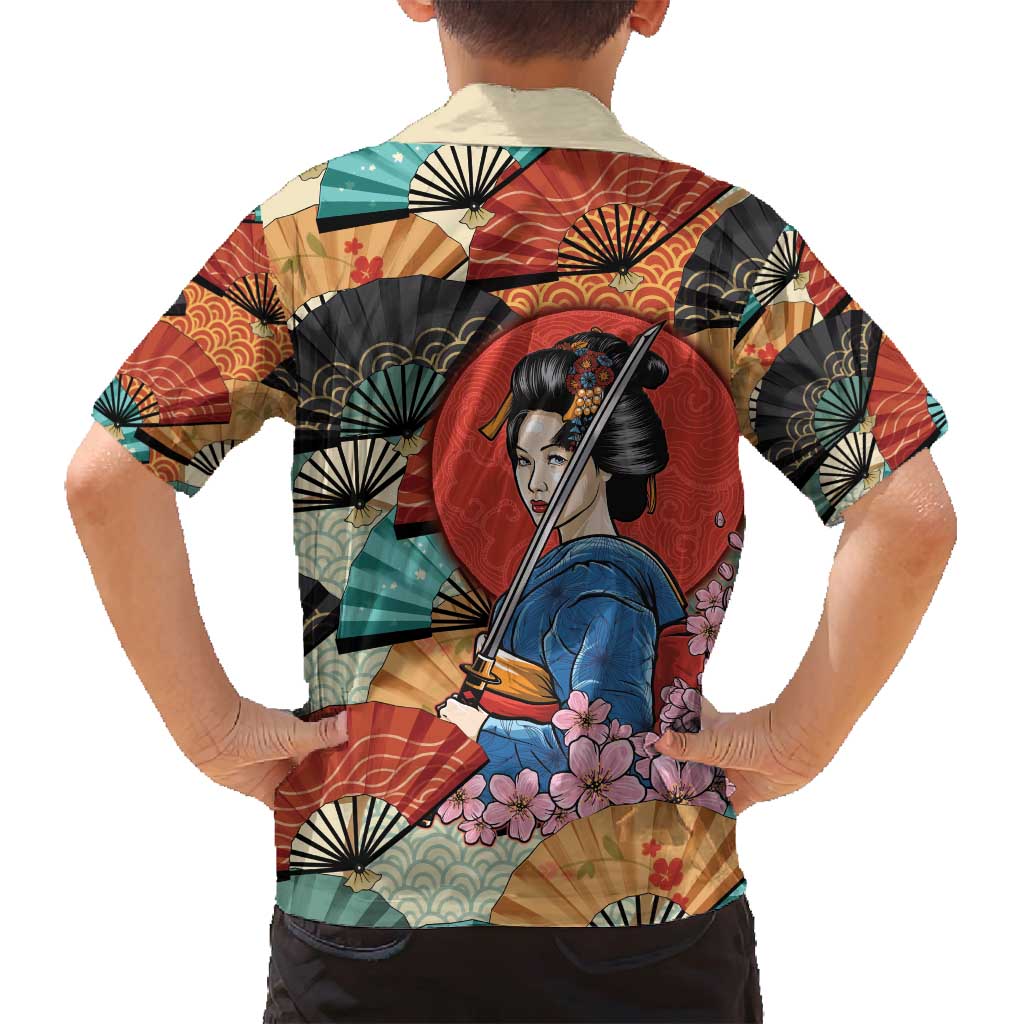 Japanese Geisha Katana Family Matching Long Sleeve Bodycon Dress and Hawaiian Shirt Japan Sensu Seigaiha Pattern - Wonder Print Shop