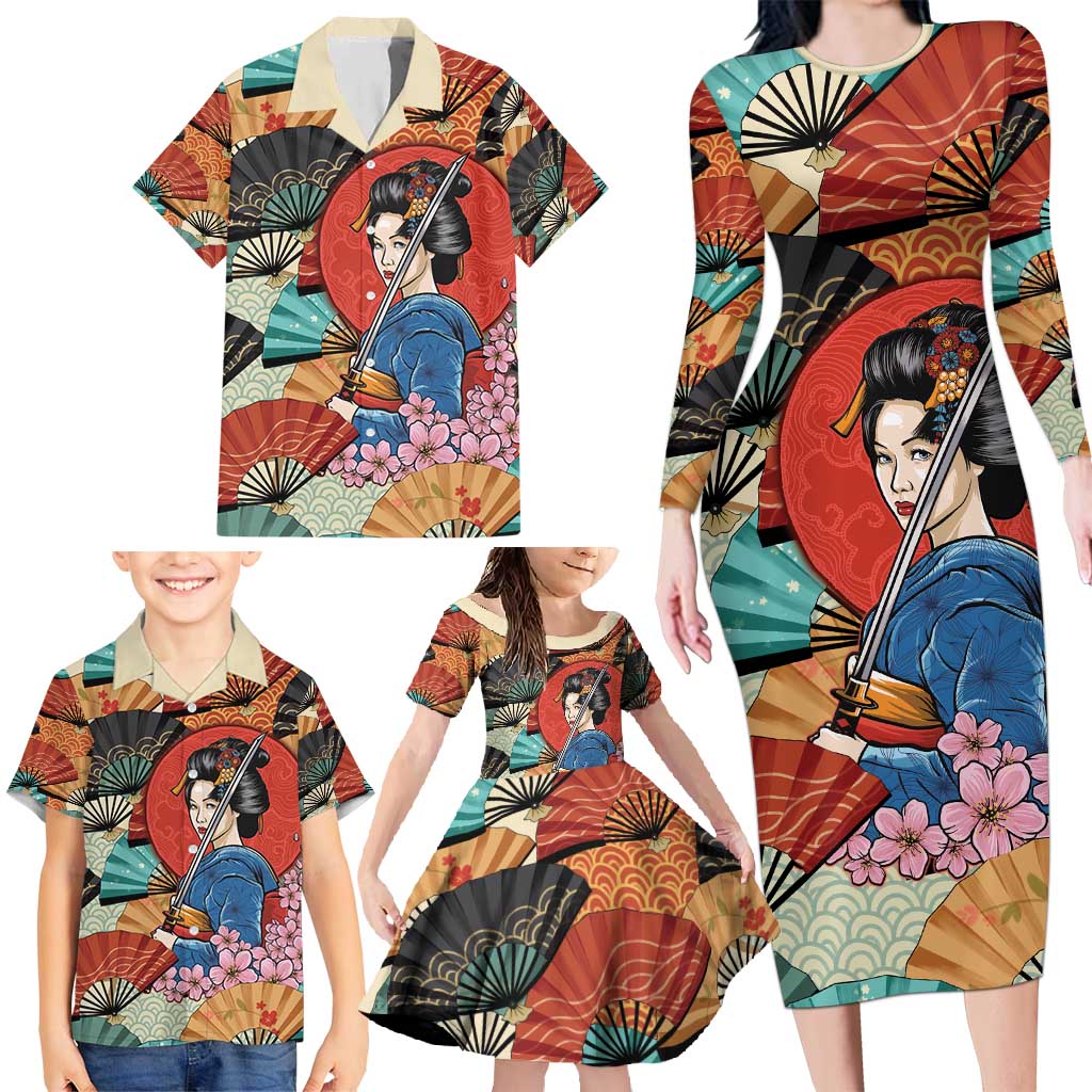 Japanese Geisha Katana Family Matching Long Sleeve Bodycon Dress and Hawaiian Shirt Japan Sensu Seigaiha Pattern - Wonder Print Shop