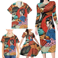 Japanese Geisha Katana Family Matching Long Sleeve Bodycon Dress and Hawaiian Shirt Japan Sensu Seigaiha Pattern - Wonder Print Shop