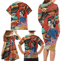 Japanese Geisha Katana Family Matching Long Sleeve Bodycon Dress and Hawaiian Shirt Japan Sensu Seigaiha Pattern - Wonder Print Shop