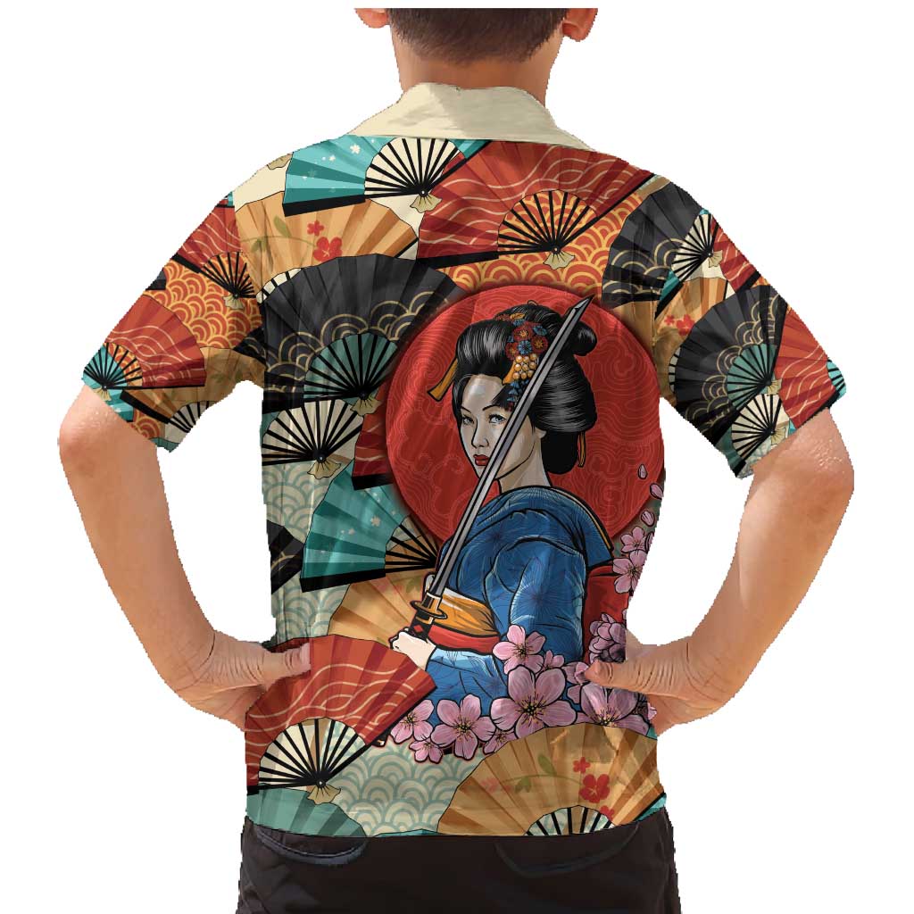 Japanese Geisha Katana Family Matching Mermaid Dress and Hawaiian Shirt Japan Sensu Seigaiha Pattern - Wonder Print Shop
