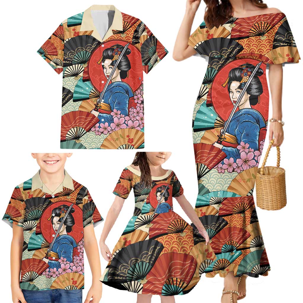 Japanese Geisha Katana Family Matching Mermaid Dress and Hawaiian Shirt Japan Sensu Seigaiha Pattern - Wonder Print Shop