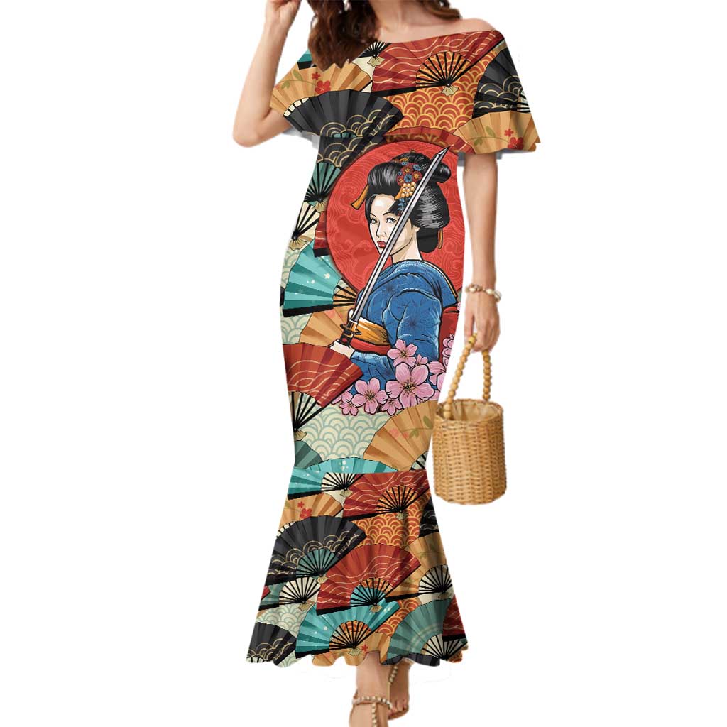 Japanese Geisha Katana Family Matching Mermaid Dress and Hawaiian Shirt Japan Sensu Seigaiha Pattern - Wonder Print Shop