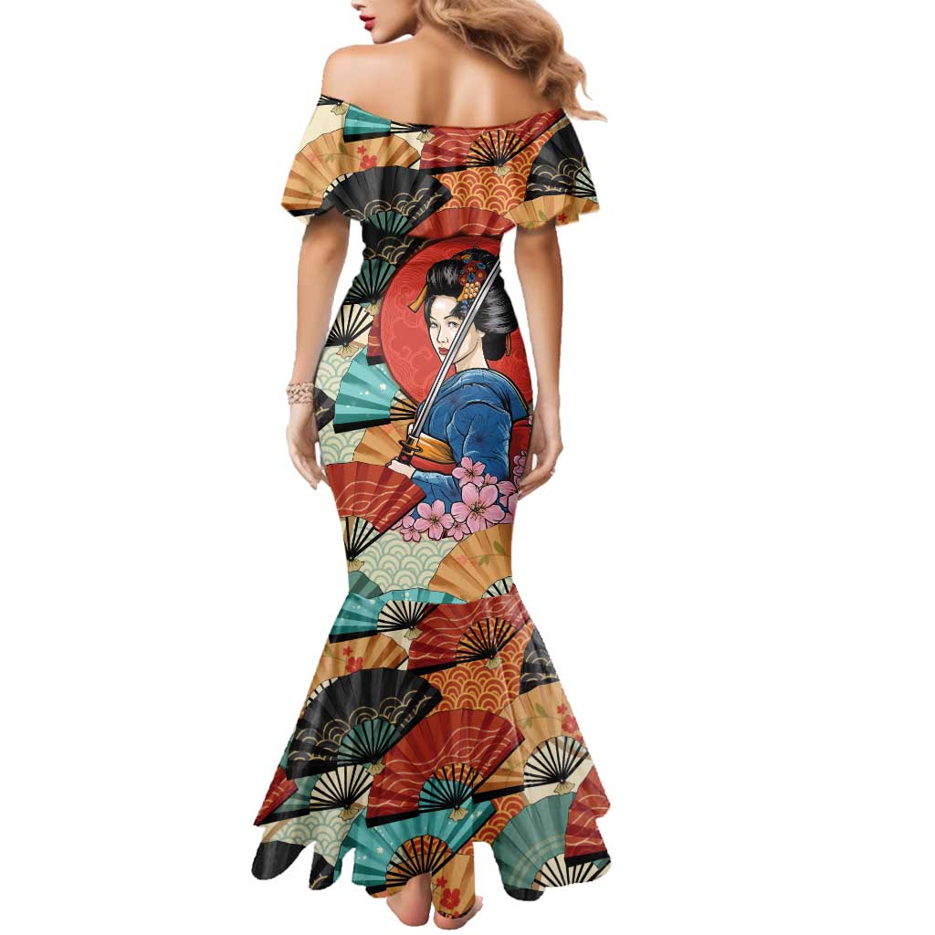Japanese Geisha Katana Family Matching Mermaid Dress and Hawaiian Shirt Japan Sensu Seigaiha Pattern - Wonder Print Shop