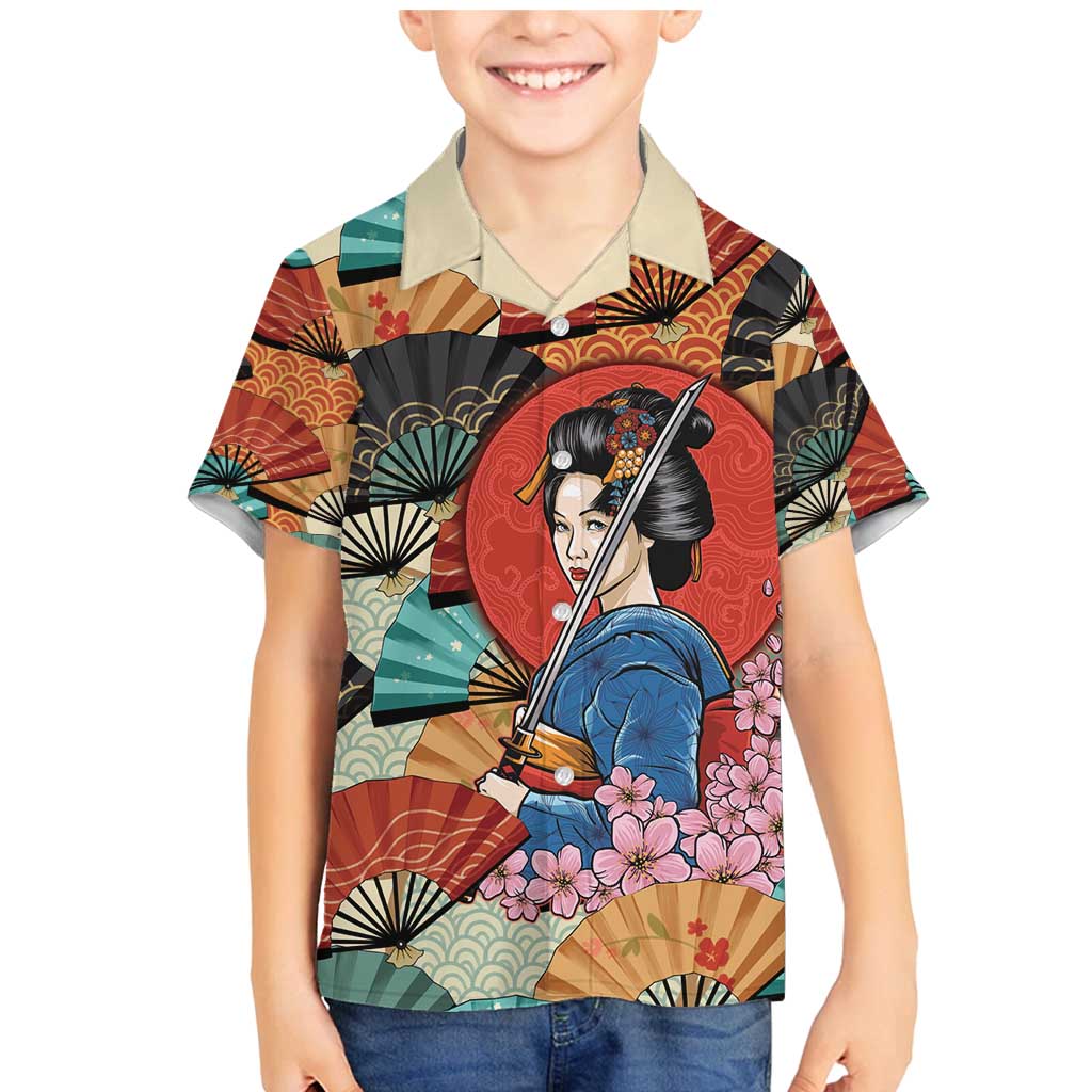 Japanese Geisha Katana Family Matching Mermaid Dress and Hawaiian Shirt Japan Sensu Seigaiha Pattern - Wonder Print Shop