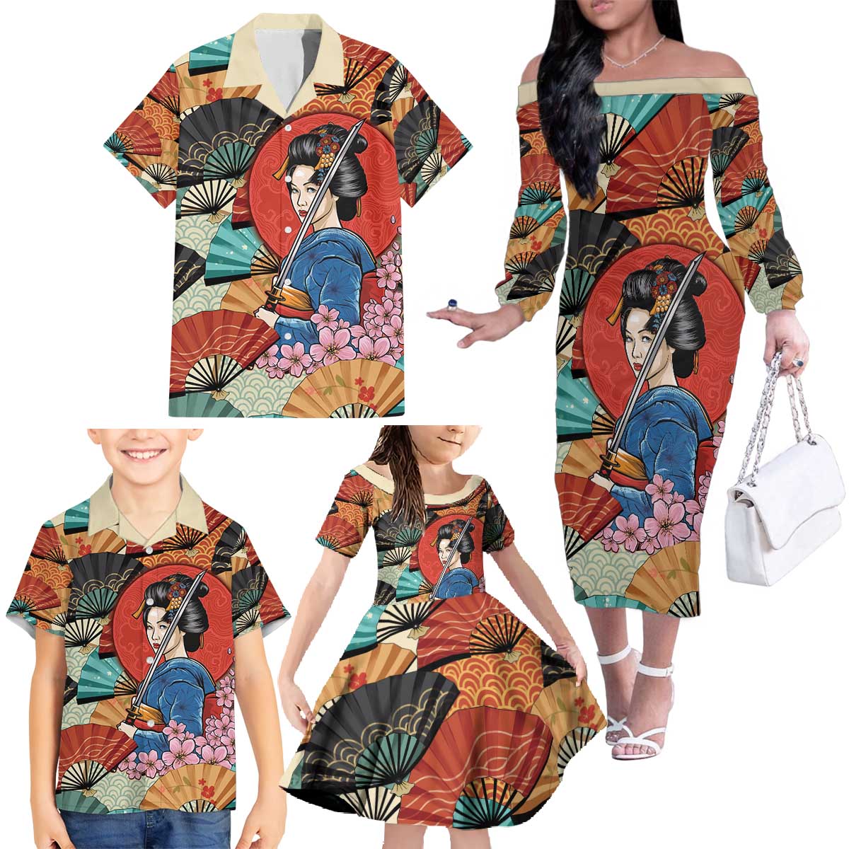 Japanese Geisha Katana Family Matching Off The Shoulder Long Sleeve Dress and Hawaiian Shirt Japan Sensu Seigaiha Pattern - Wonder Print Shop