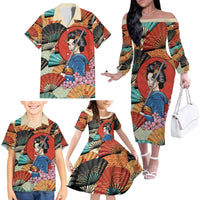 Japanese Geisha Katana Family Matching Off The Shoulder Long Sleeve Dress and Hawaiian Shirt Japan Sensu Seigaiha Pattern - Wonder Print Shop
