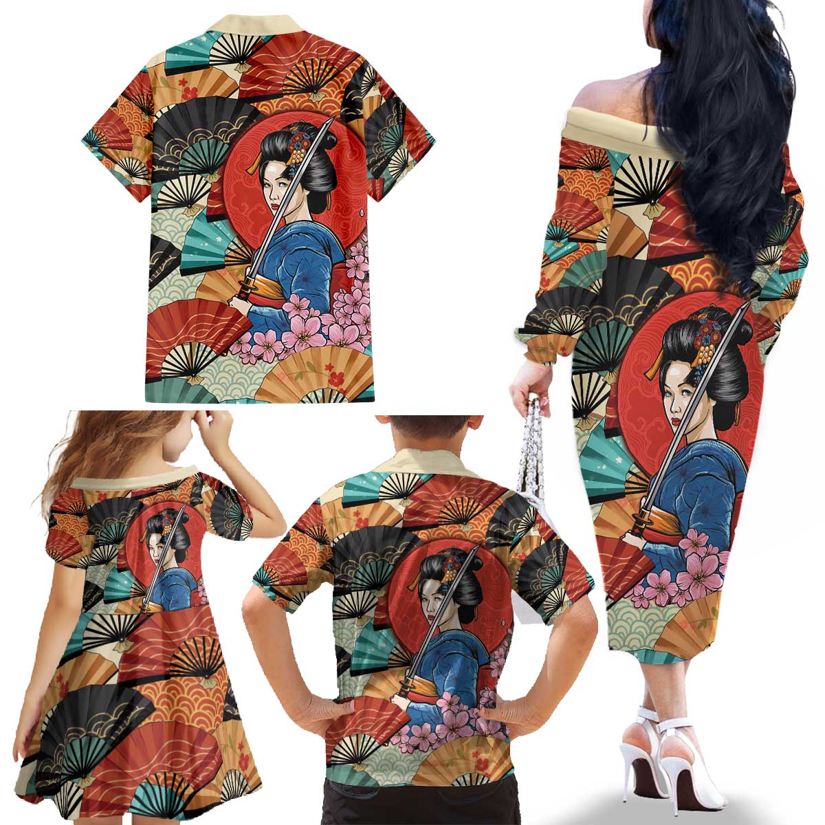 Japanese Geisha Katana Family Matching Off The Shoulder Long Sleeve Dress and Hawaiian Shirt Japan Sensu Seigaiha Pattern - Wonder Print Shop