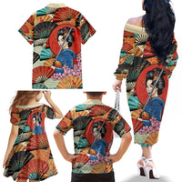 Japanese Geisha Katana Family Matching Off The Shoulder Long Sleeve Dress and Hawaiian Shirt Japan Sensu Seigaiha Pattern - Wonder Print Shop