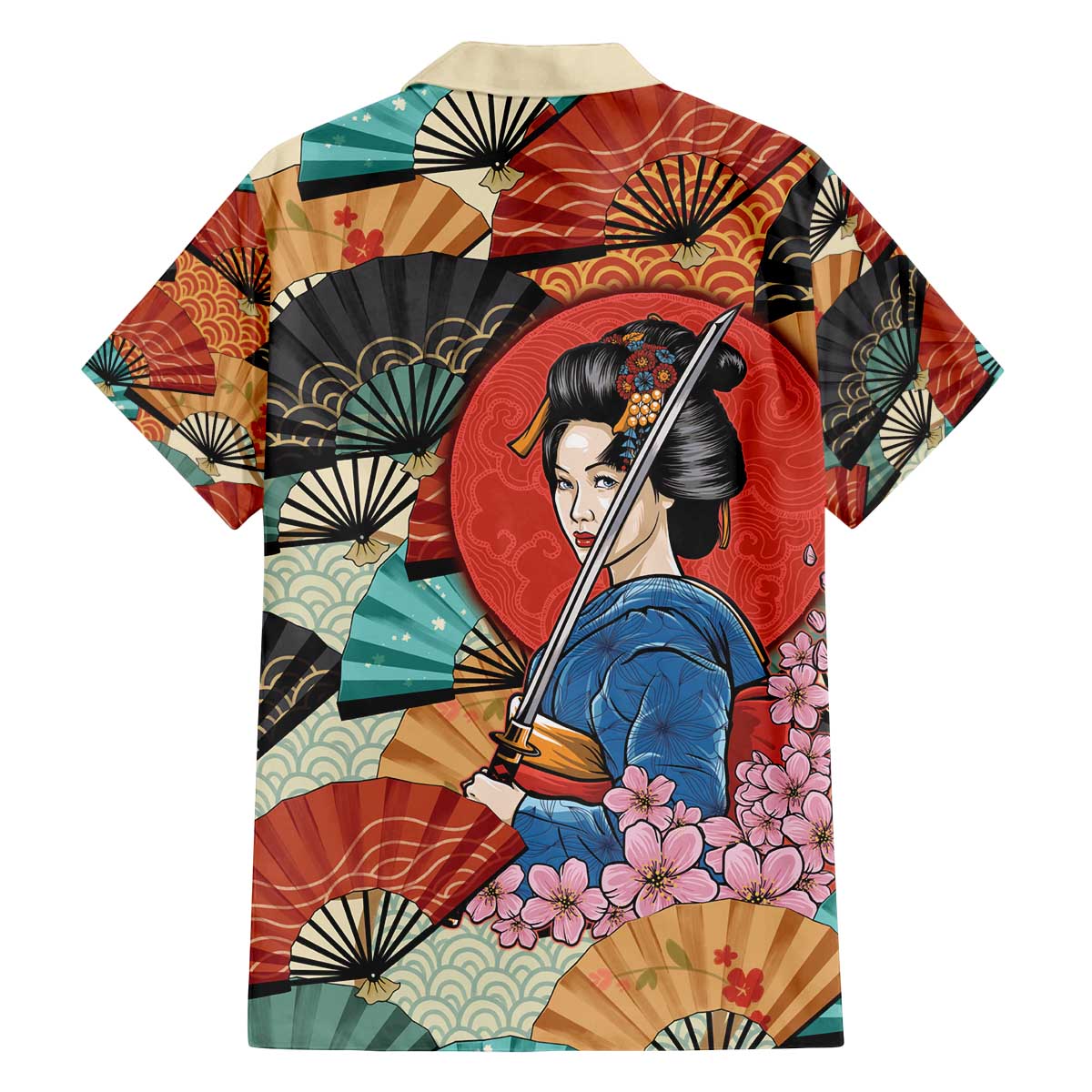 Japanese Geisha Katana Family Matching Off The Shoulder Long Sleeve Dress and Hawaiian Shirt Japan Sensu Seigaiha Pattern - Wonder Print Shop