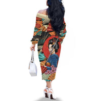 Japanese Geisha Katana Family Matching Off The Shoulder Long Sleeve Dress and Hawaiian Shirt Japan Sensu Seigaiha Pattern - Wonder Print Shop
