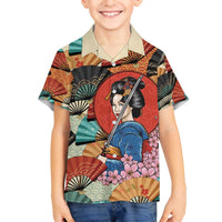 Japanese Geisha Katana Family Matching Off The Shoulder Long Sleeve Dress and Hawaiian Shirt Japan Sensu Seigaiha Pattern - Wonder Print Shop