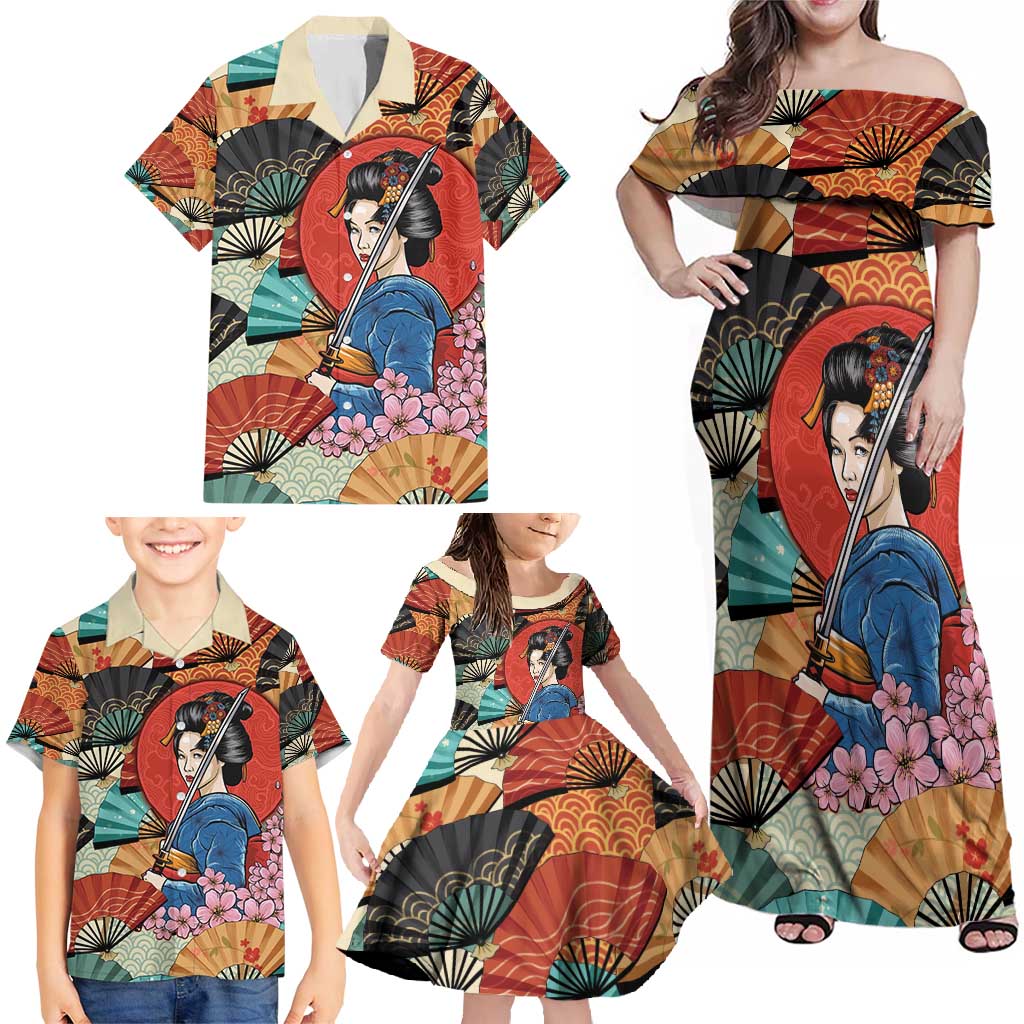 Japanese Geisha Katana Family Matching Off Shoulder Maxi Dress and Hawaiian Shirt Japan Sensu Seigaiha Pattern - undefined