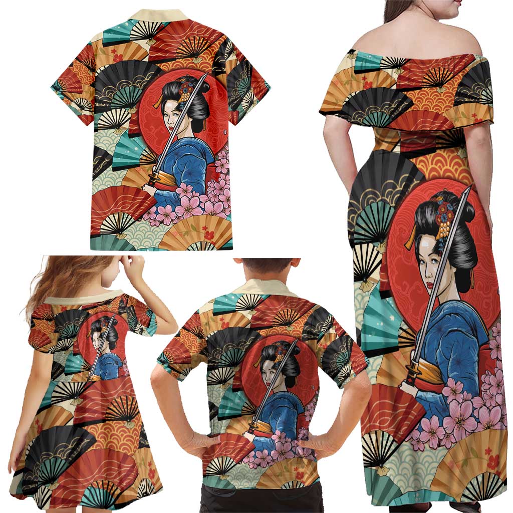 Japanese Geisha Katana Family Matching Off Shoulder Maxi Dress and Hawaiian Shirt Japan Sensu Seigaiha Pattern - undefined